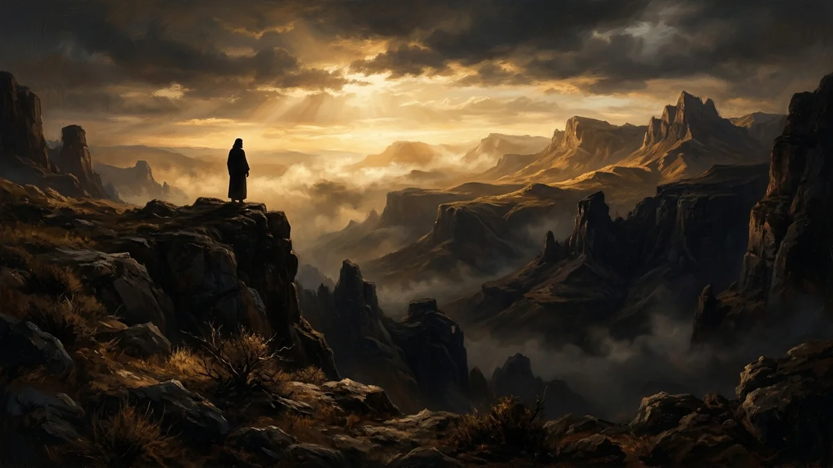 Peaceful biblical mountain dawn with rays of divine sunlight breaking through dark storm clouds