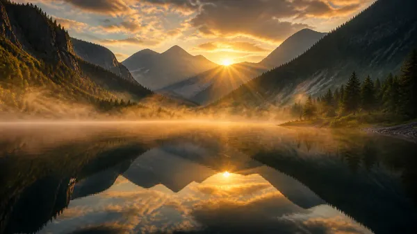 Tranquil reflective alpine lake with morning mist rising between dark pine ridges as warm golden sunrise illuminates the valley