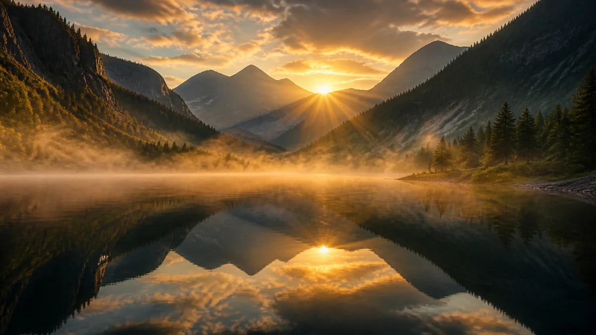 Tranquil reflective alpine lake with morning mist rising between dark pine ridges as warm golden sunrise illuminates the valley