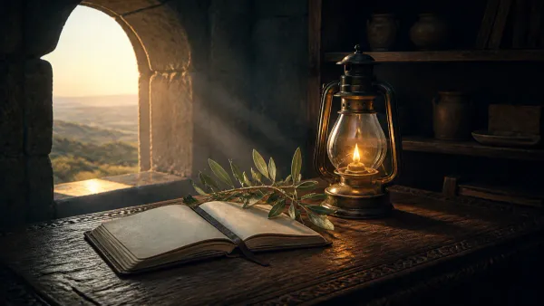 Vintage hand-carved wooden desk with an open leather-bound journal and a fresh green olive branch beside a glowing brass oil lamp