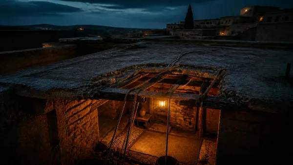 A flat clay roof in an old stone village with a rough opening broken through it, ropes trailing down into lamplight below