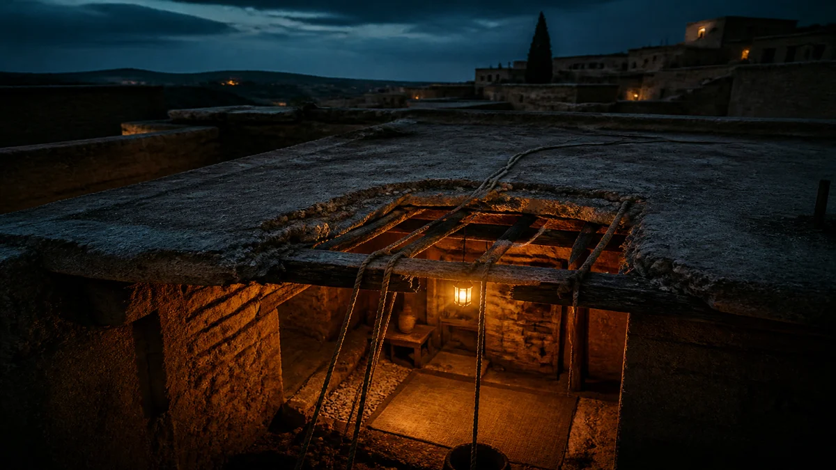 A flat clay roof in an old stone village with a rough opening broken through it, ropes trailing down into lamplight below