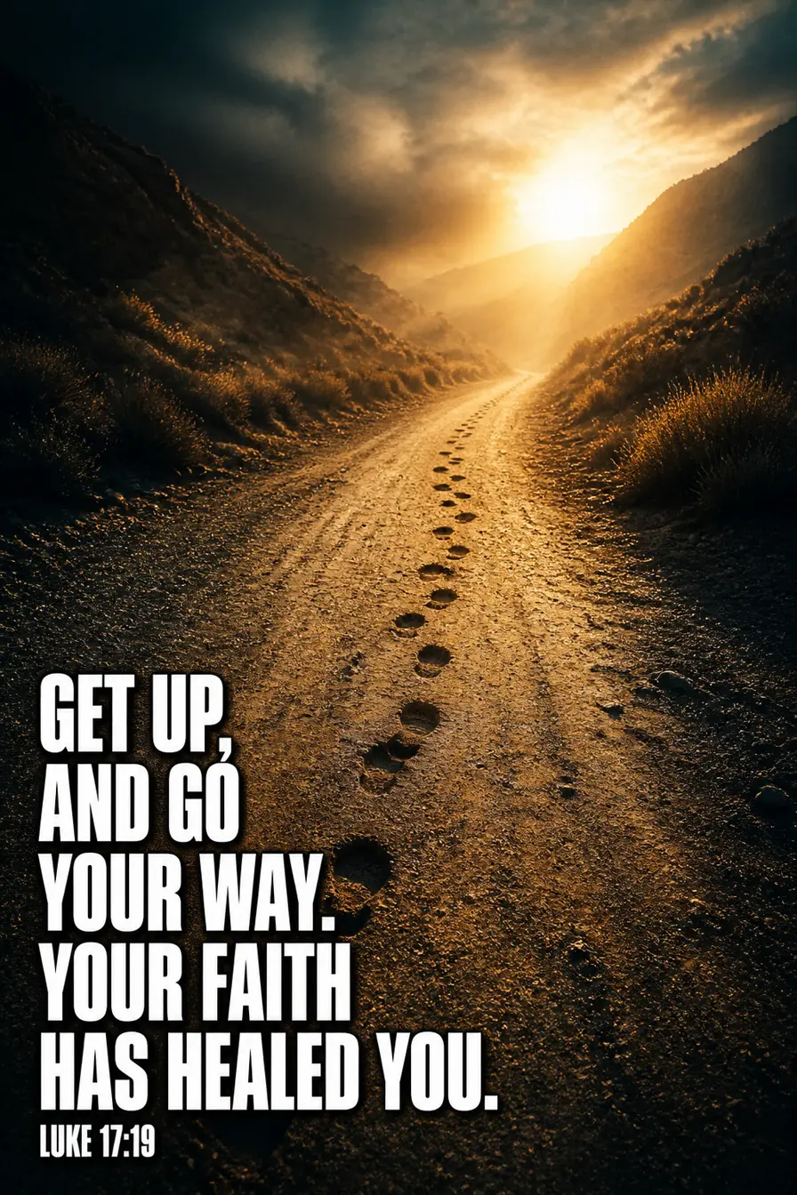 Luke 17:19 Bible verse card: “Then he said to him, “Get up, and go your way. Your faith has healed you.”