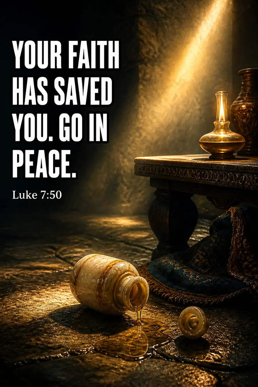 Luke 7:50 Bible verse card: “Your faith has saved you. Go in peace.”