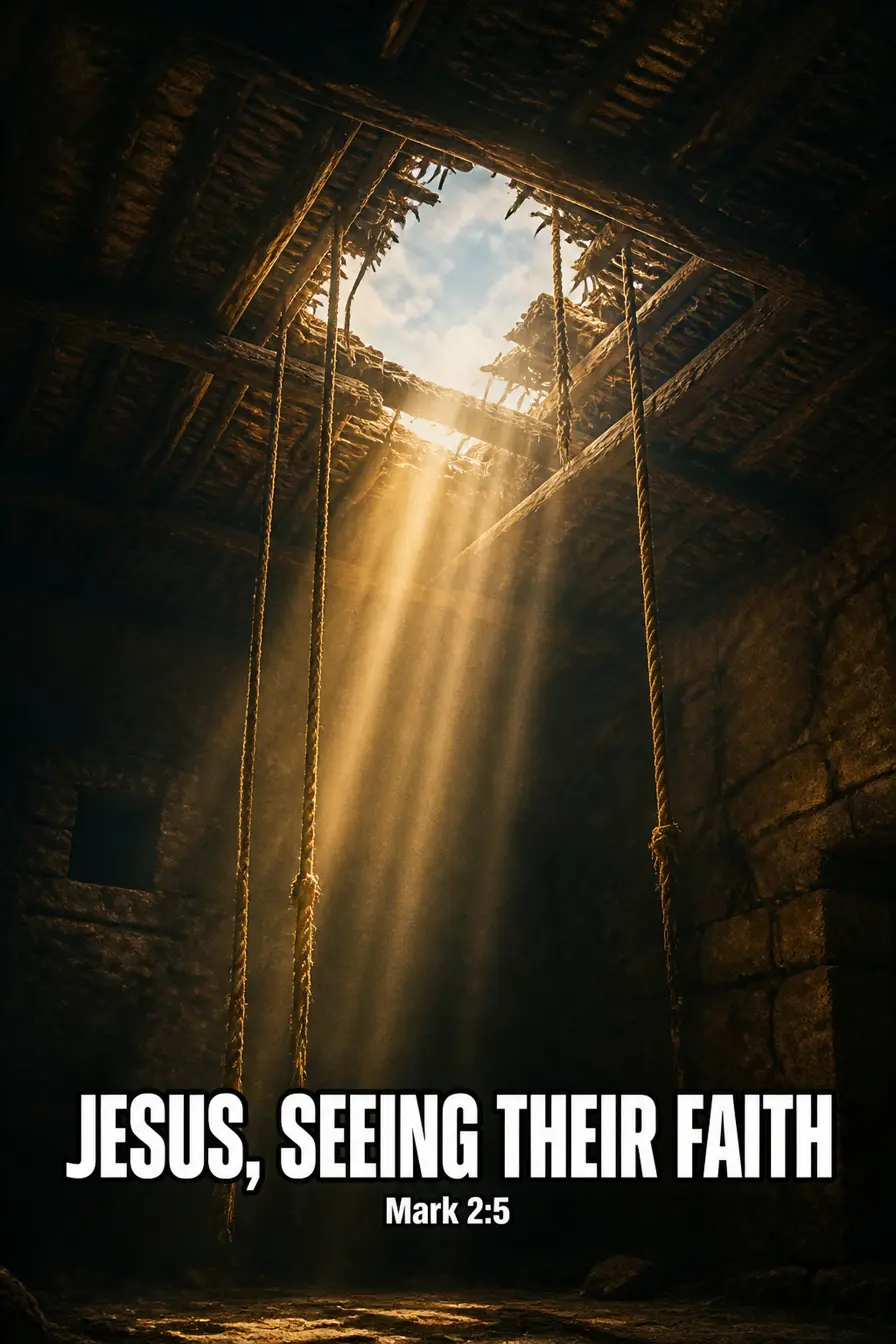 Mark 2:5 Bible verse card: “Jesus, seeing their faith”
