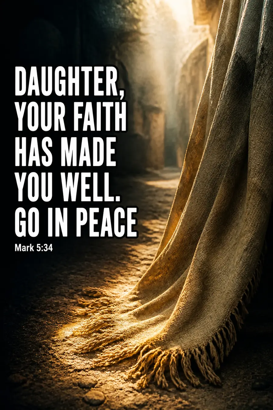 Mark 5:34 Bible verse card: “Daughter, your faith has made you well. Go in peace”