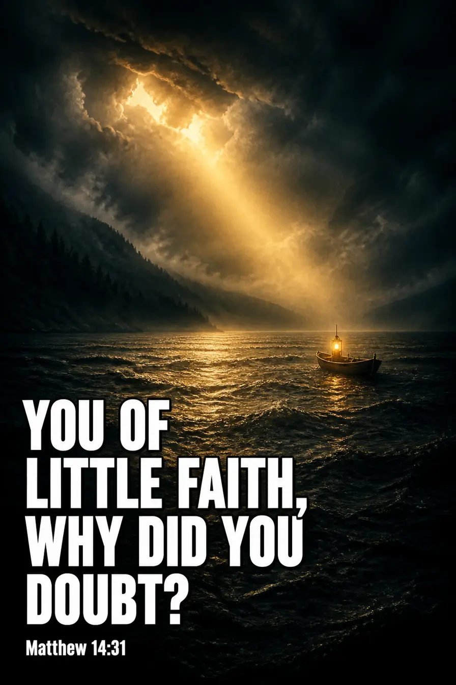 Matthew 14:31 Bible verse card: “You of little faith, why did you doubt?”