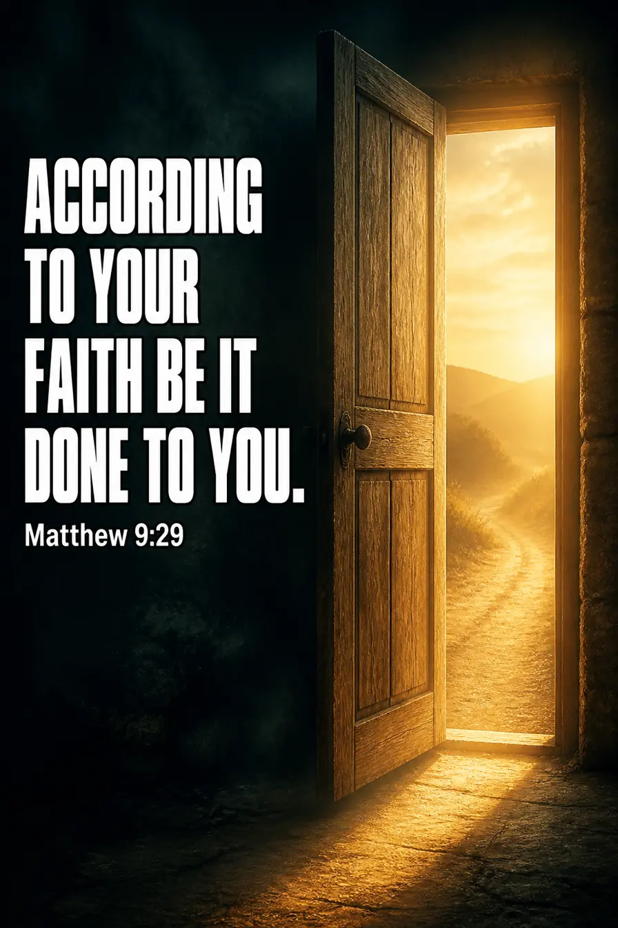 Matthew 9:29 Bible verse card: “Then he touched their eyes, saying, “According to your faith be it done to you.”