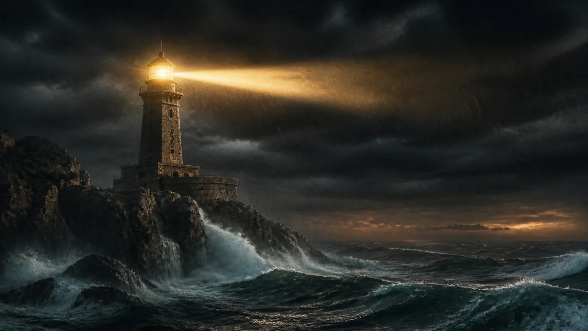 Ancient rugged stone lighthouse on dark cliffs in a violent ocean storm with a powerful golden light beam piercing rain and clouds