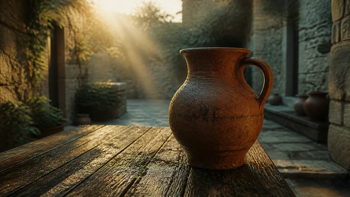 Ancient earthenware water pitcher on a rustic wooden table catching radiant golden morning sunbeams in a peaceful courtyard