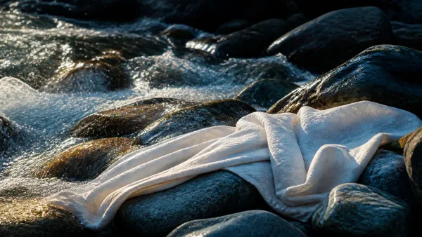 Pristine white linen cloth resting on smooth river stones beside a crystal-clear mountain stream bathed in brilliant divine sunlight