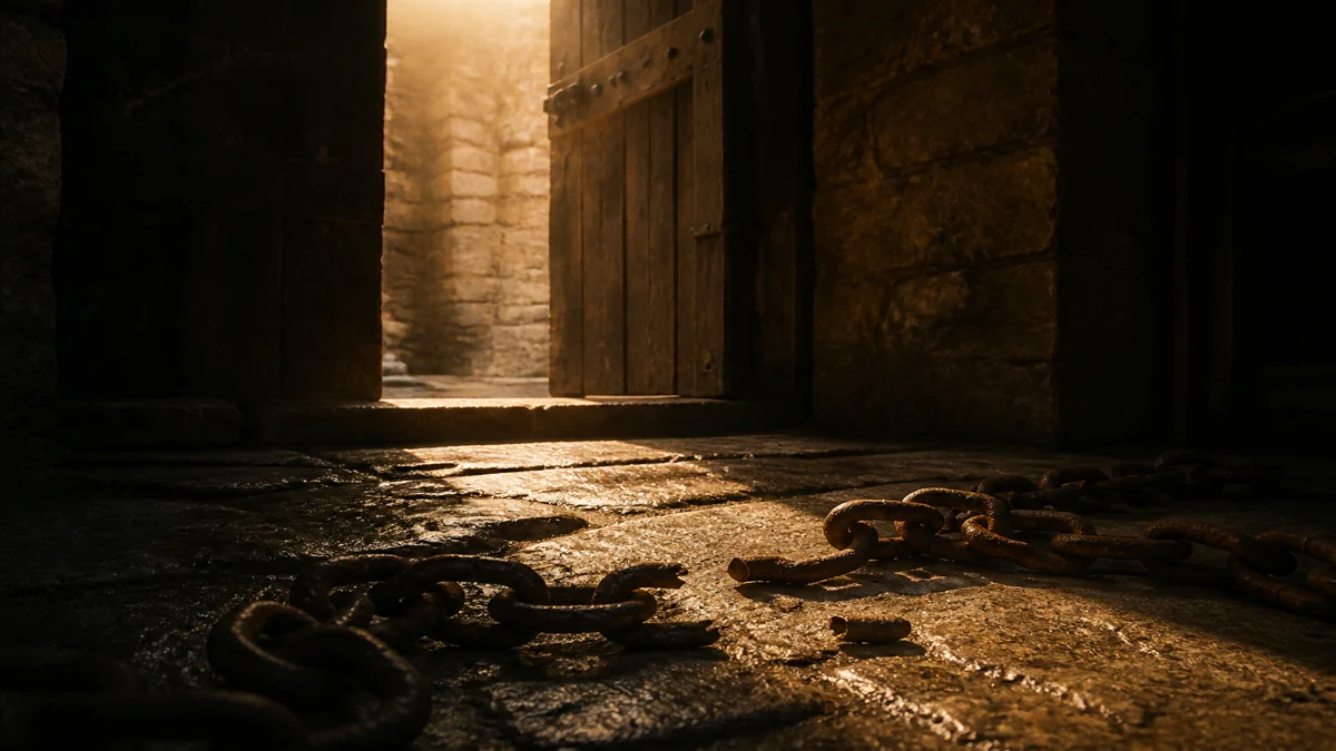 Heavy broken iron chains lying discarded on an ancient stone floor illuminated by warm golden light streaming through an open fortress doorway