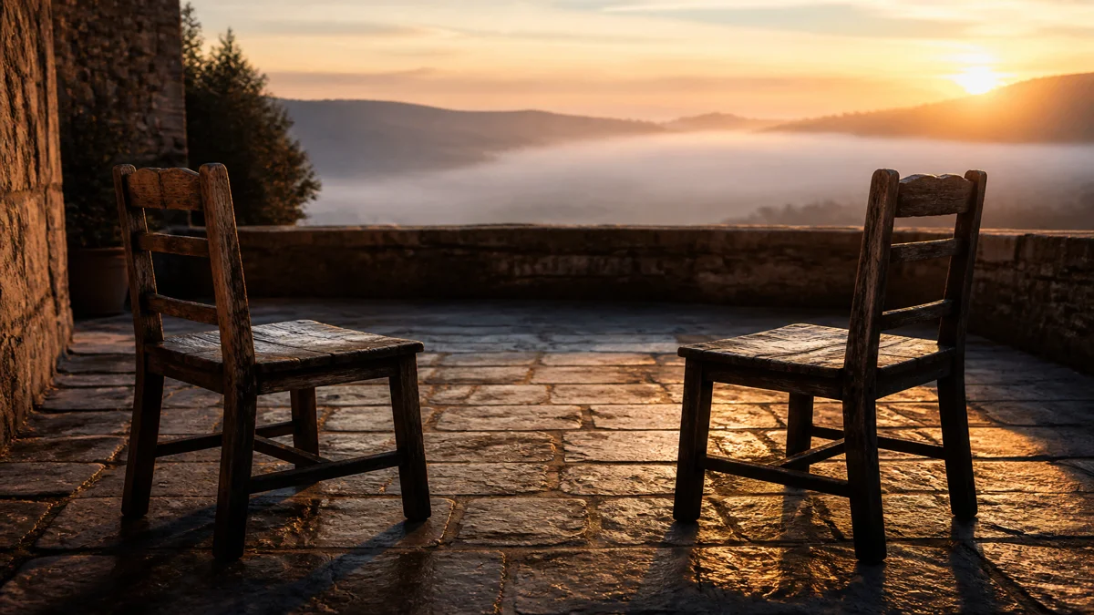 Two worn wooden chairs facing each other on a stone terrace at dawn as amber light spills between them across the flagstones