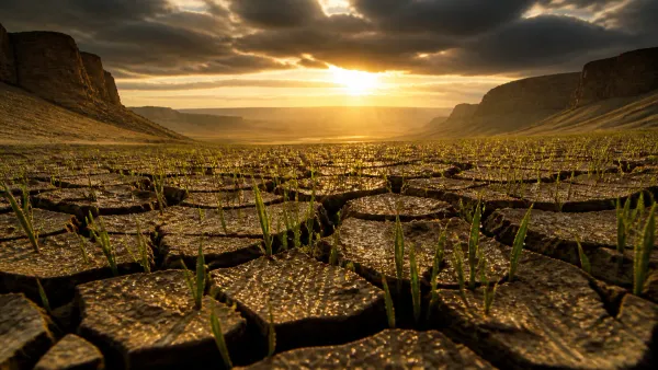 Vast arid desert landscape where fresh green sprouts and morning dew break through cracked earth under radiant dawn rays