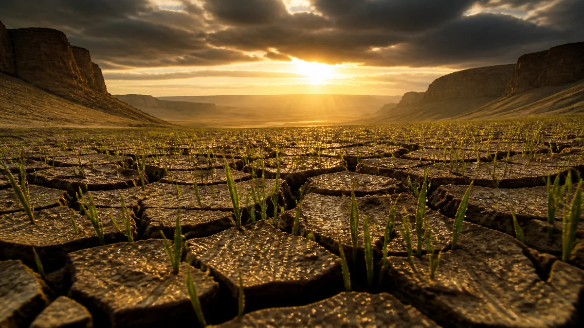 Vast arid desert landscape where fresh green sprouts and morning dew break through cracked earth under radiant dawn rays