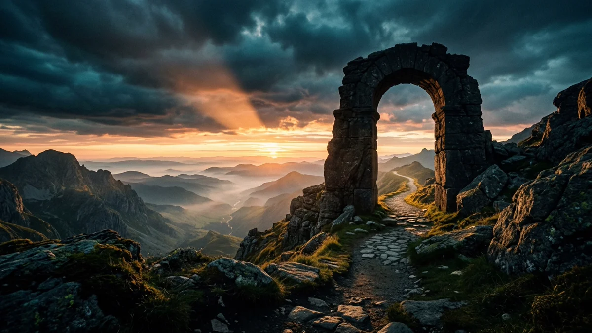 Ancient stone archway on a mountain pass with cobblestone path leading toward a golden dawn horizon