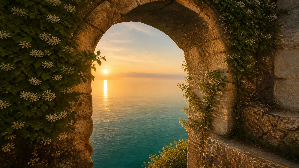 Ancient weathered stone archway intertwined with blooming white jasmine and green vines overlooking a serene ocean sunrise