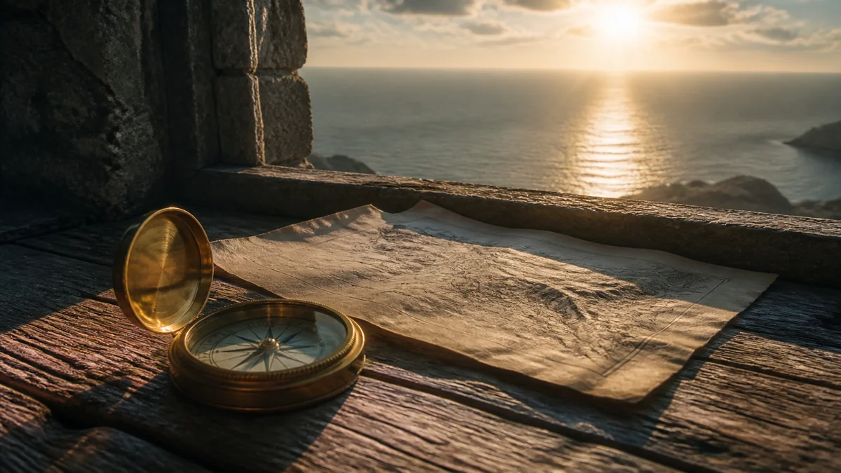 Vintage brass nautical compass and navigation chart on weathered cedar wood beside a stone window facing an illuminated dawn horizon