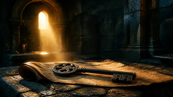 Ancient engraved iron key resting on a weathered parchment scroll atop a rough stone table bathed in a vertical shaft of golden sunlight