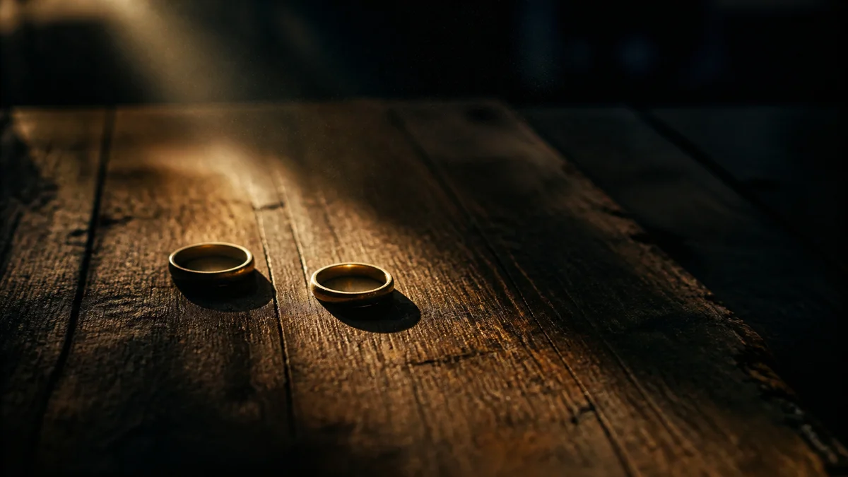 Two worn wedding bands resting on a weathered oak table as a shaft of amber light falls across the grain