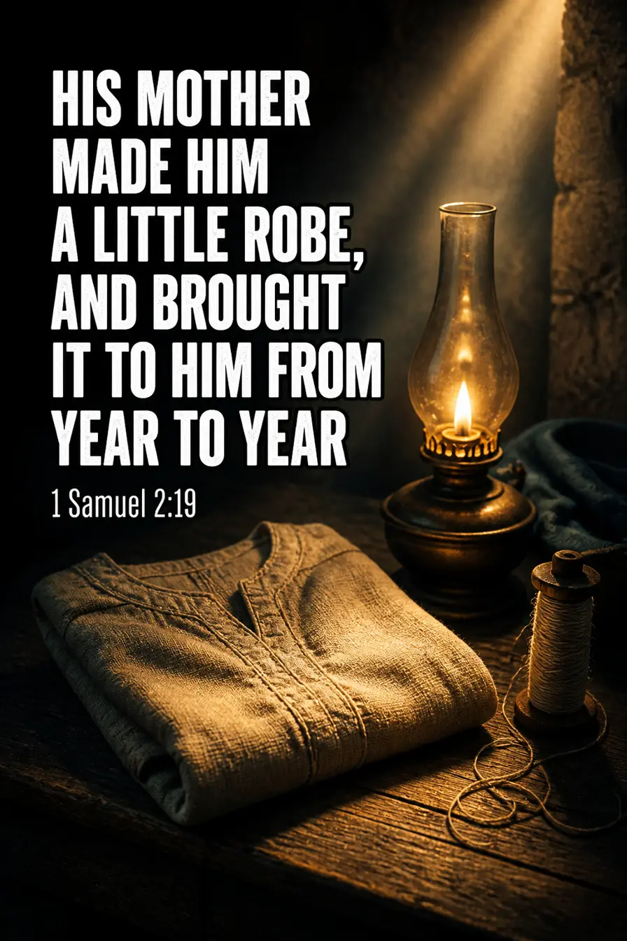 1 Samuel 2:19 Bible verse card: “his mother made him a little robe, and brought it to him from”