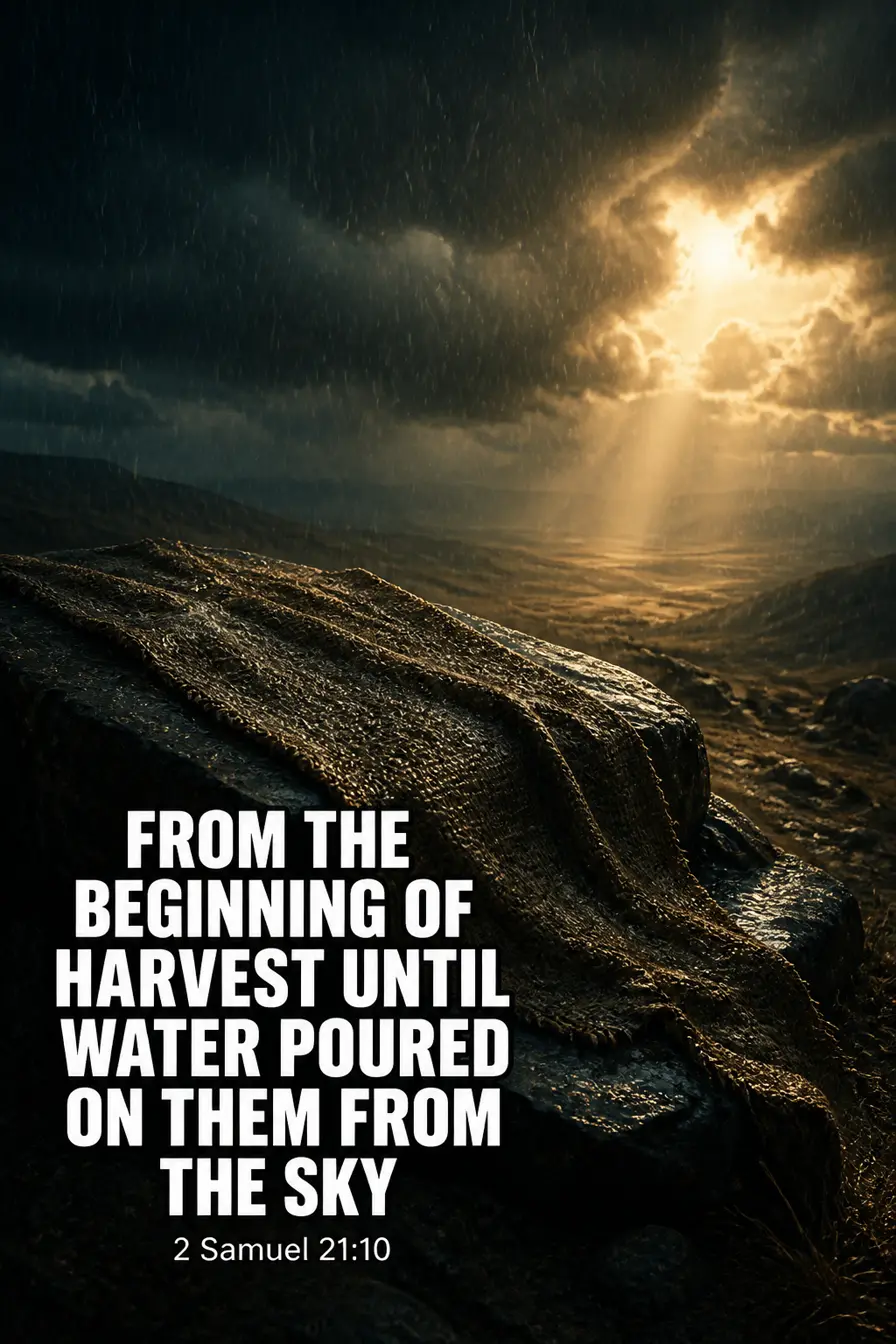2 Samuel 21:10 Bible verse card: “from the beginning of harvest until water poured on them from the sky.”