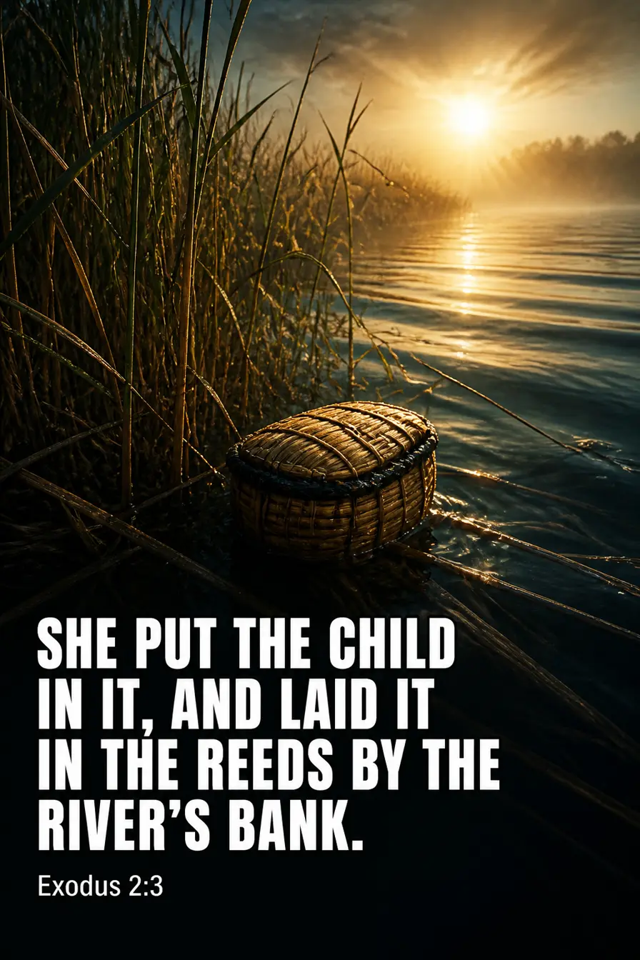 Exodus 2:3 Bible verse card: “She put the child in it, and laid it in the reeds by the river’s bank.”