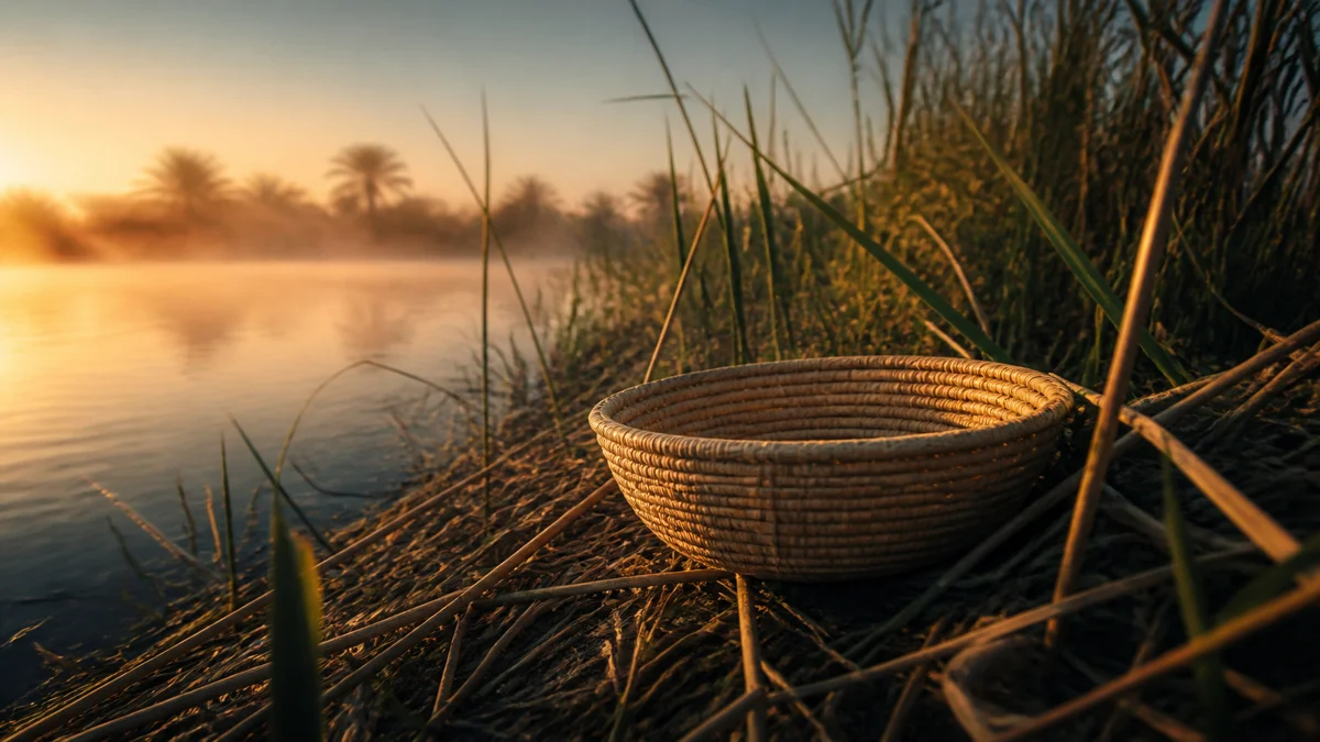 A small woven reed basket resting among tall river reeds at dawn, mist on the water and warm light on the basket