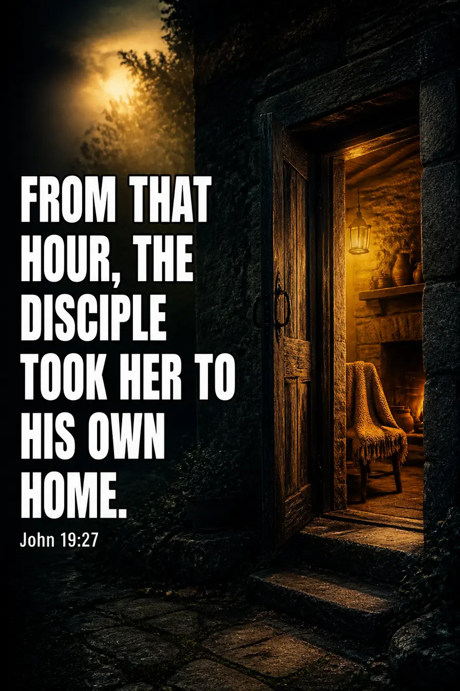 John 19:27 Bible verse card: “From that hour, the disciple took her to his own home.”