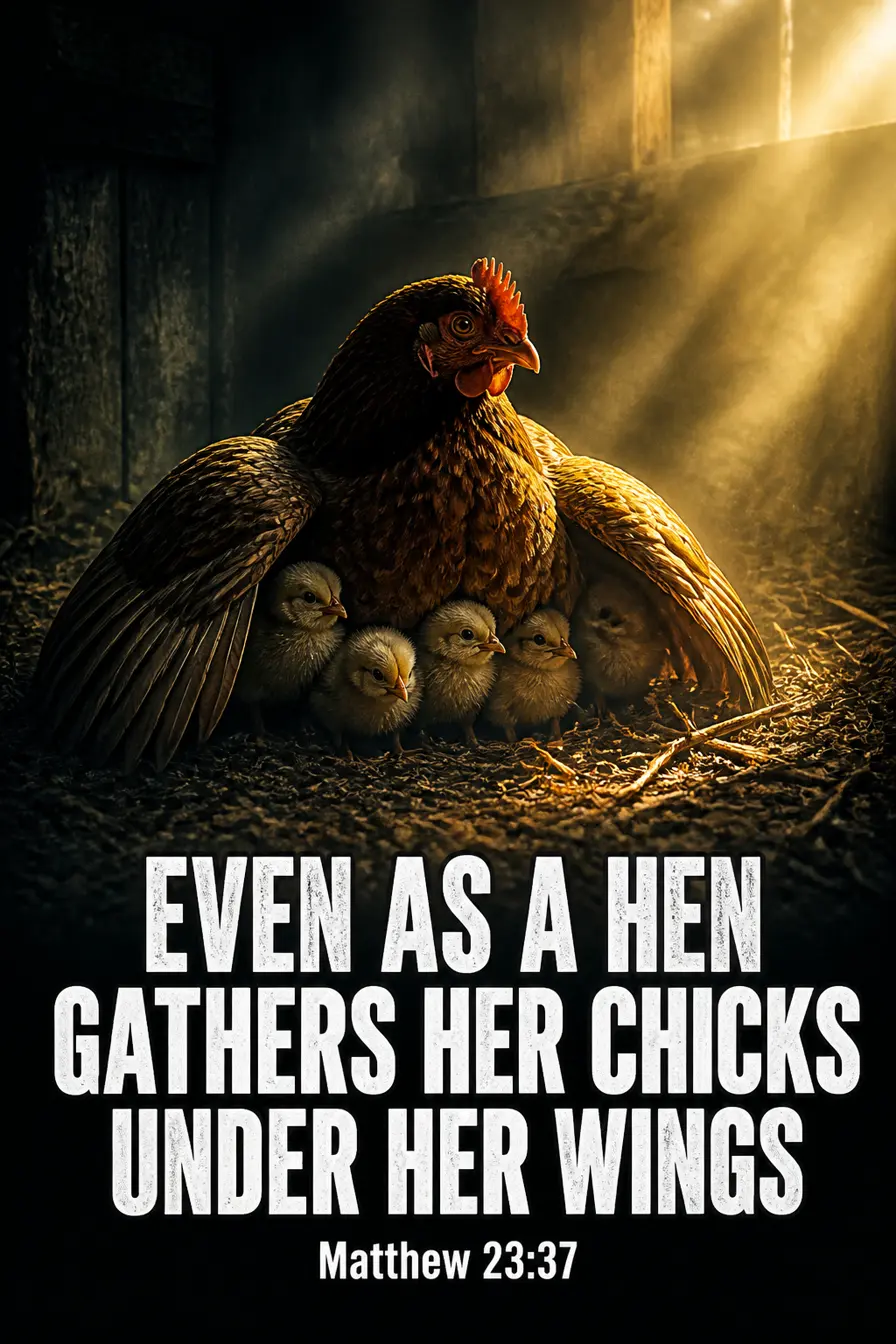 Matthew 23:37 Bible verse card: “even as a hen gathers her chicks under her wings”