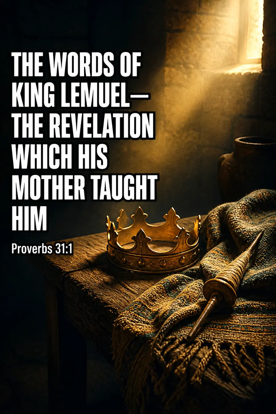 Proverbs 31:1 Bible verse card: “The words of King Lemuel—the revelation which his mother taught him”
