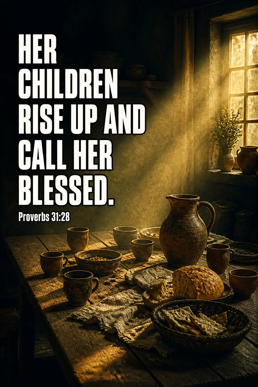 Proverbs 31:28 Bible verse card: “Her children rise up and call her blessed.”