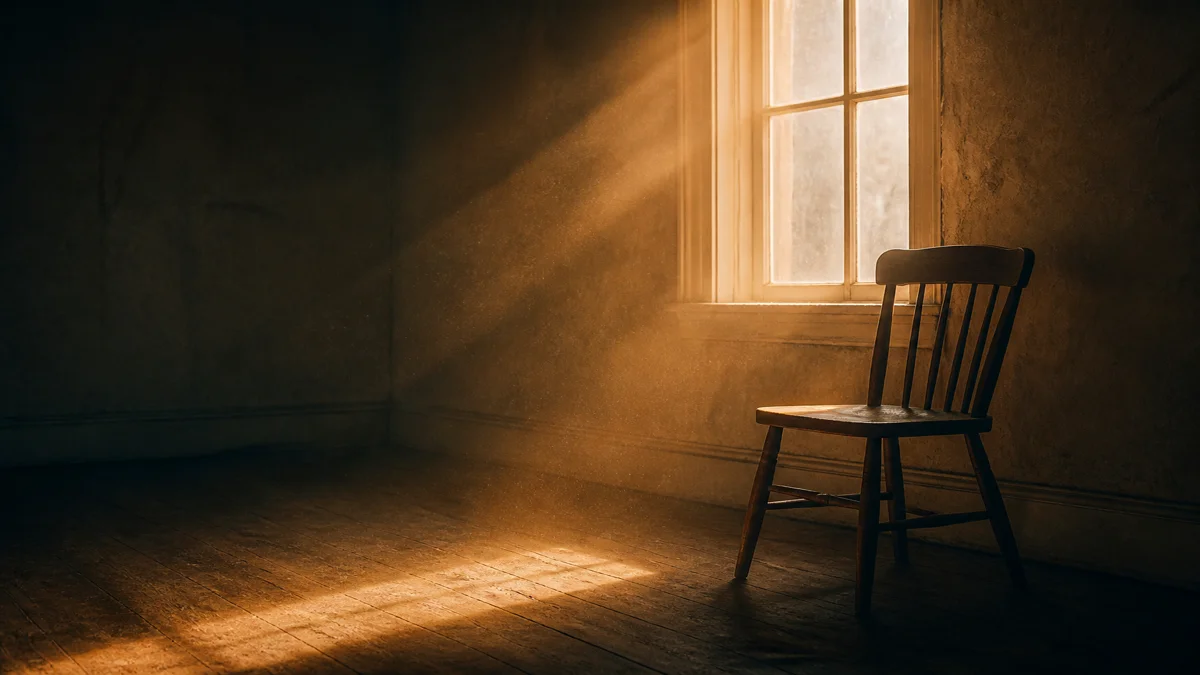 An empty wooden chair beside a window in a bare room at dawn as first light falls across the floorboards