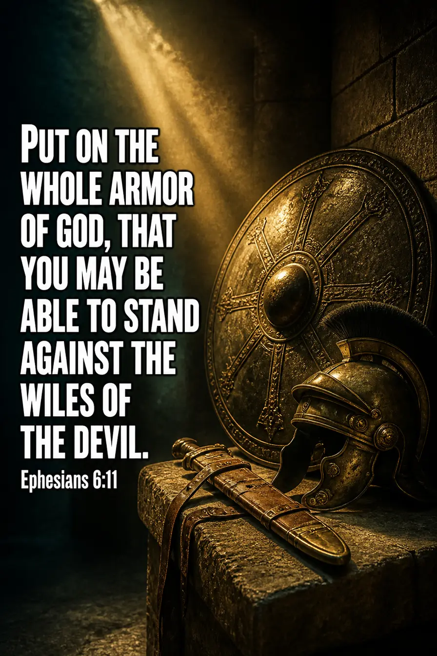 Ephesians 6:11 Bible verse card: “Put on the whole armor of God, that you may be able to stand against the wiles of the devil.”