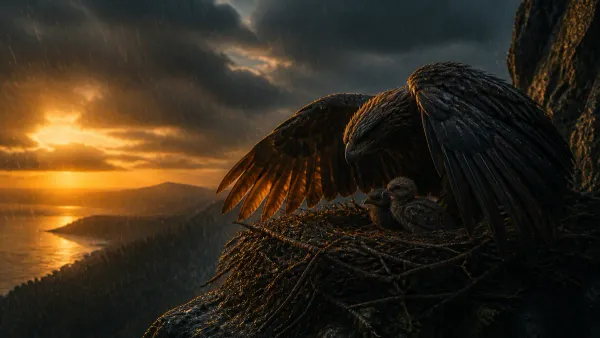 A bird sheltering its young under spread wings in a nest on a rocky ledge as rain falls and golden light breaks through the clouds