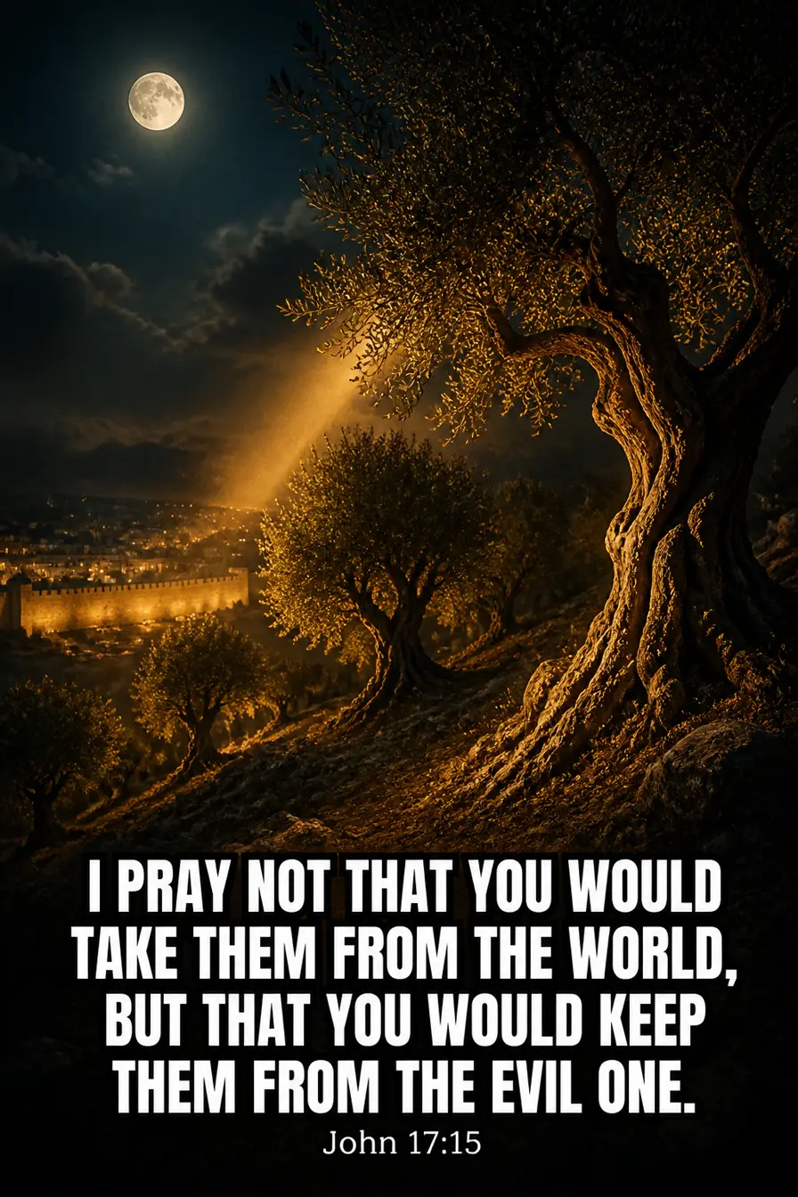 John 17:15 Bible verse card: “I pray not that you would take them from the world, but that you would keep them from the evil one.”