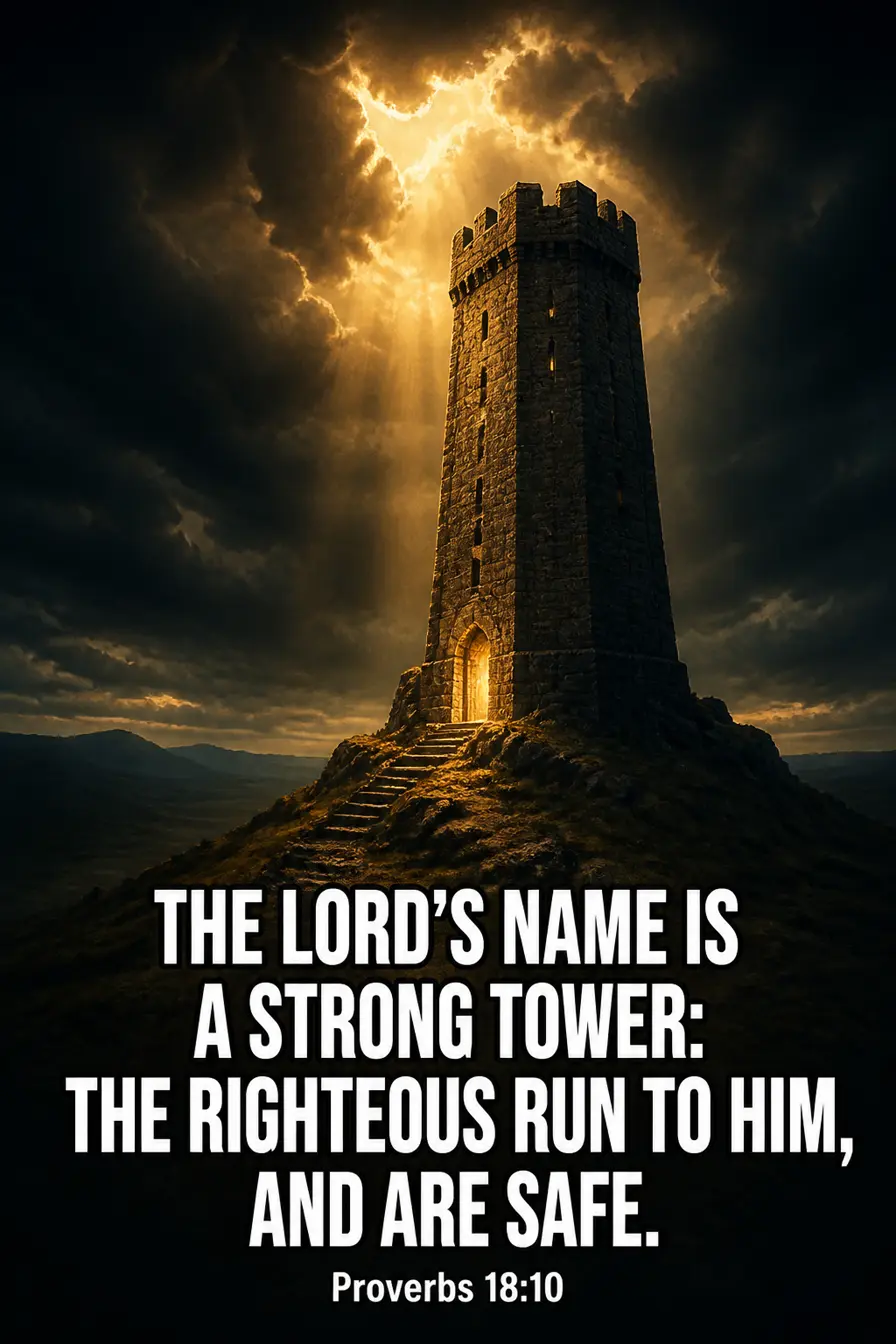 Proverbs 18:10 Bible verse card: “The LORD’s name is a strong tower: the righteous run to him, and are safe.”