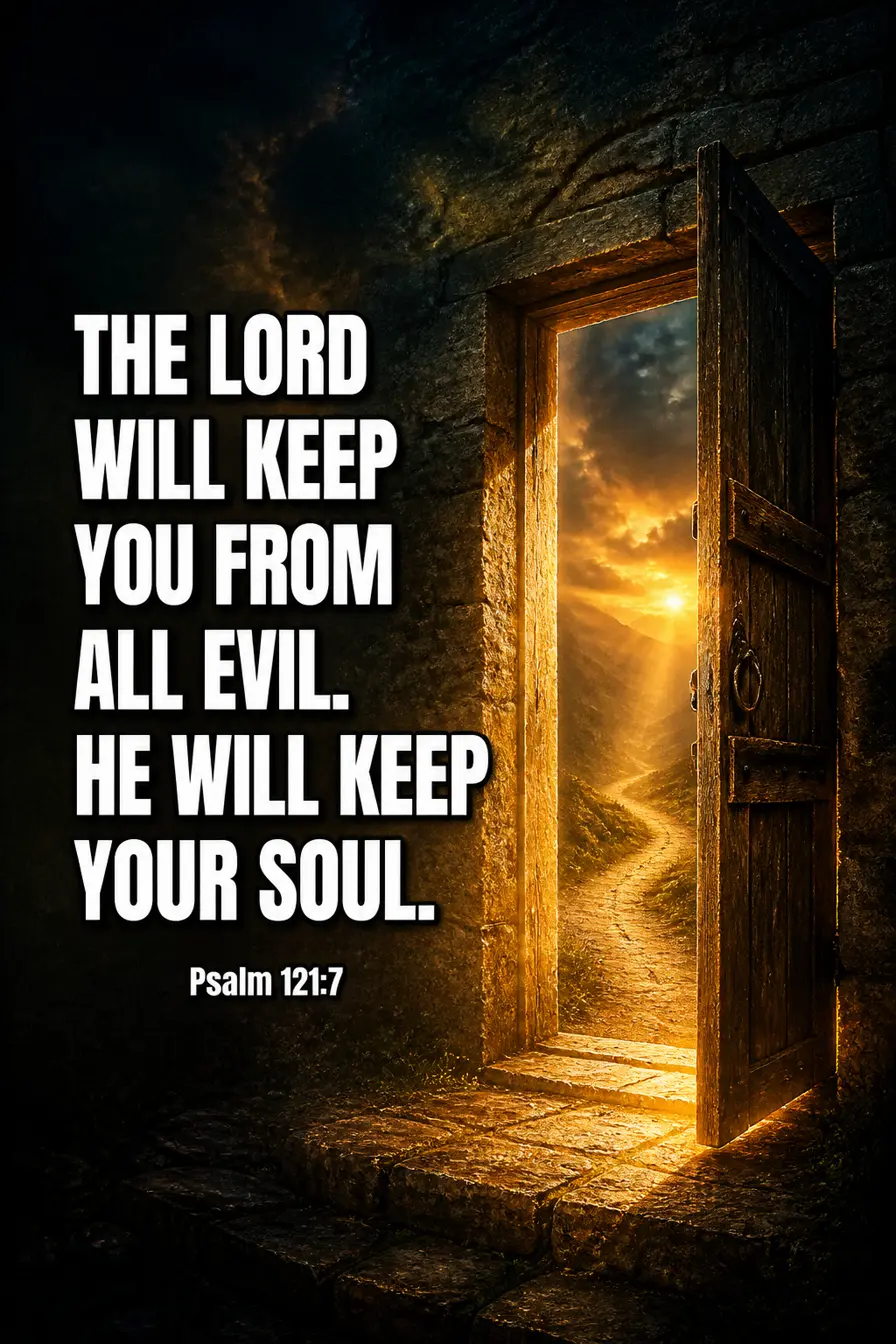 Psalm 121:7-8 Bible verse card: “The LORD will keep you from all evil. He will keep your soul.”