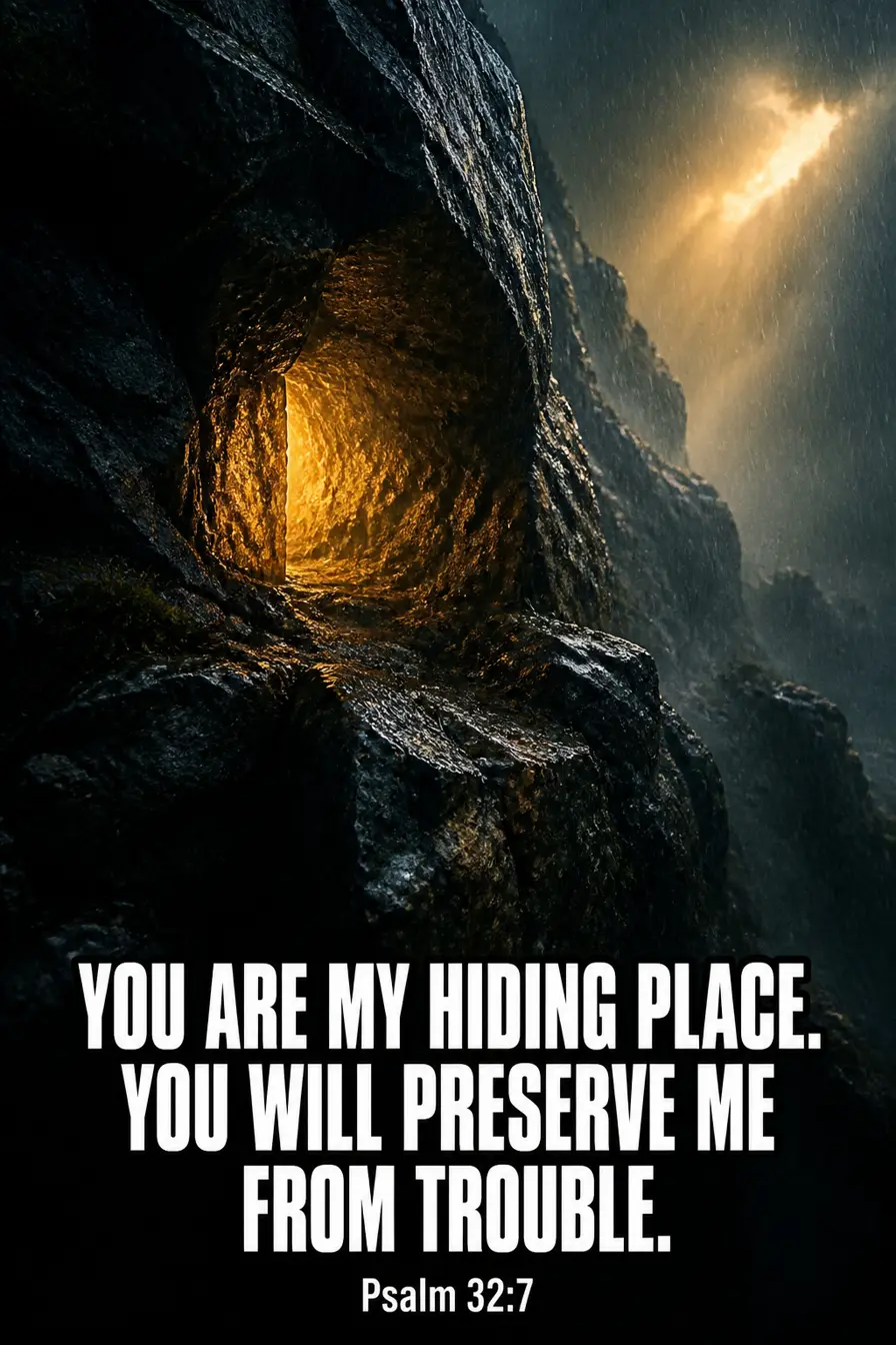Psalm 32:7 Bible verse card: “You are my hiding place. You will preserve me from trouble.”