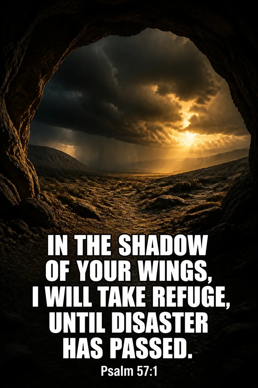 Psalm 57:1 Bible verse card: “in the shadow of your wings, I will take refuge, until disaster has passed”