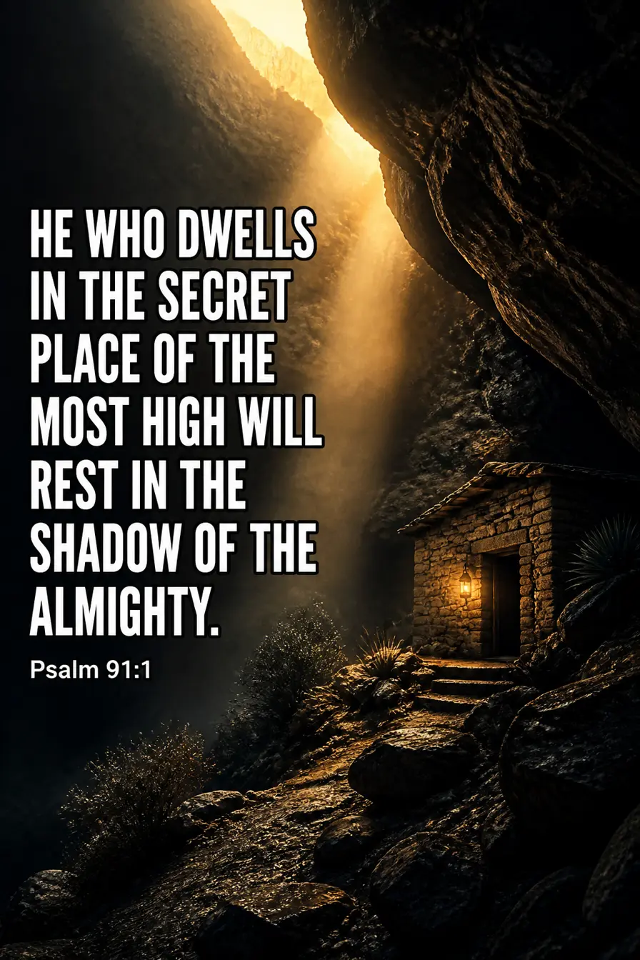 Psalm 91:1-2 Bible verse card: “He who dwells in the secret place of the Most High will rest in the shadow of the Almighty”