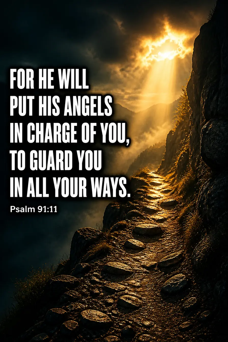 Psalm 91:11-12 Bible verse card: “For he will put his angels in charge of you, to guard you in all your ways”
