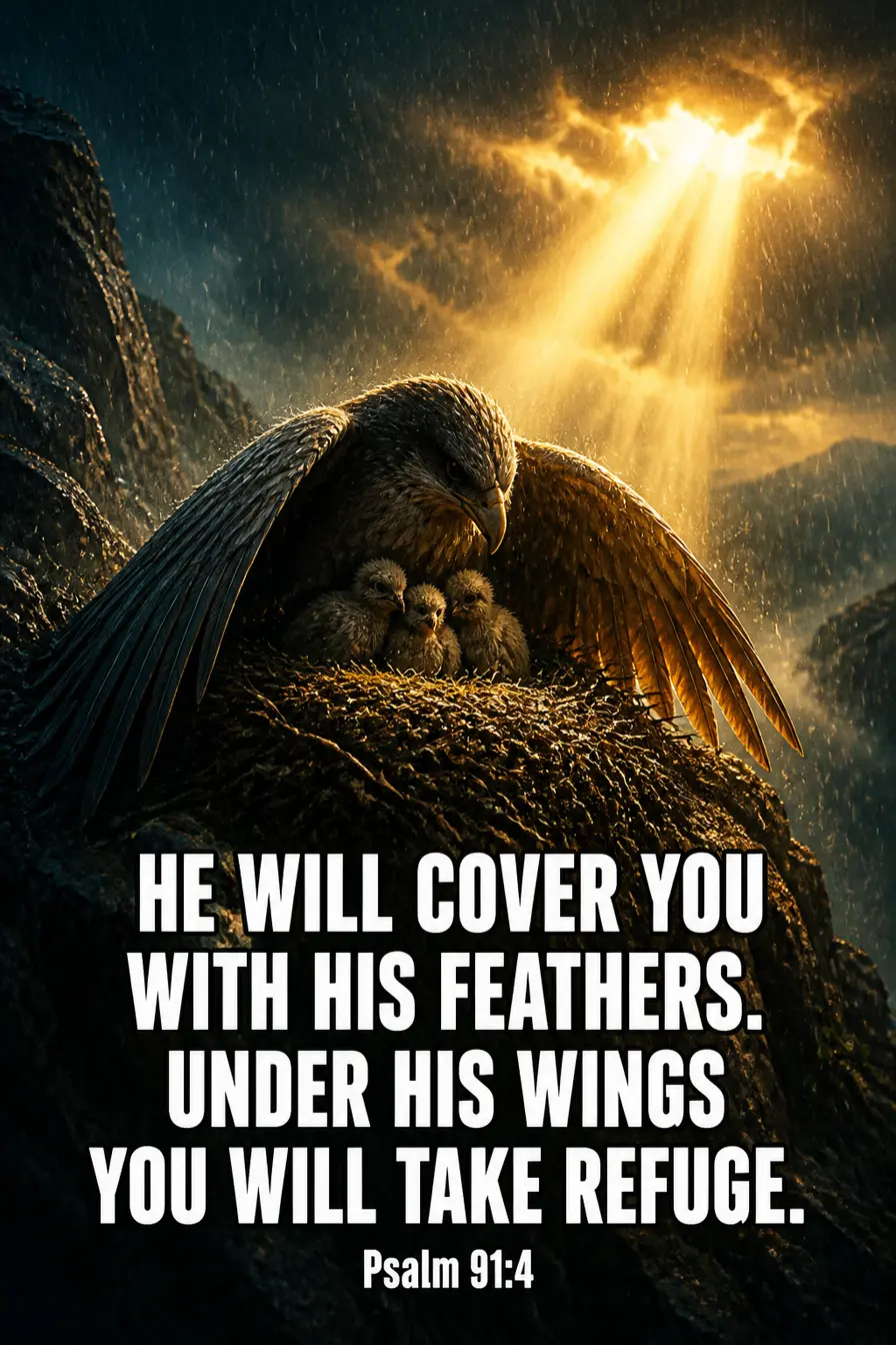 Psalm 91:4 Bible verse card: “He will cover you with his feathers. Under his wings you will take refuge.”