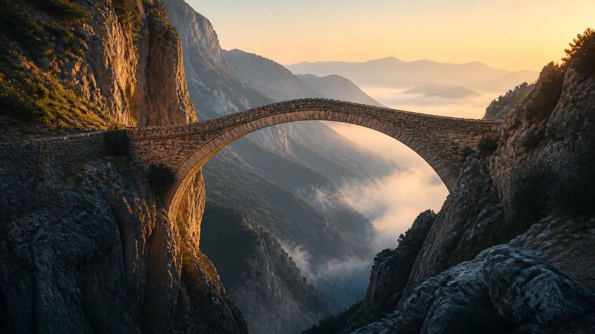 Ancient stone arch footbridge spanning a deep misty mountain gorge, connecting two rugged cliffs under clear golden morning light