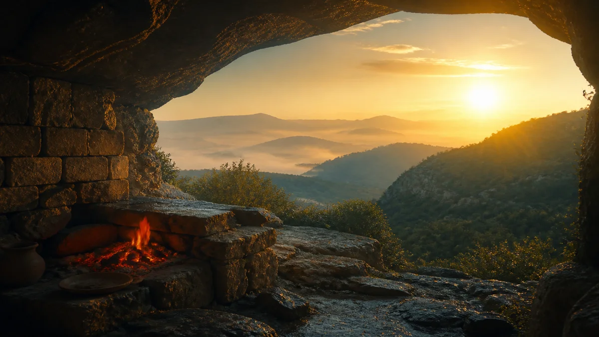 Quiet sheltered mountain cave with glowing embers on a stone hearth framing a tranquil panoramic view of a calm dawn valley