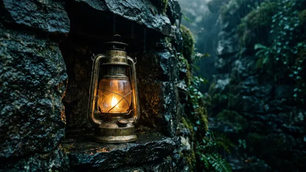 Weathered vintage brass oil lantern glowing with a warm golden flame inside an ancient stone alcove under gentle rain mist