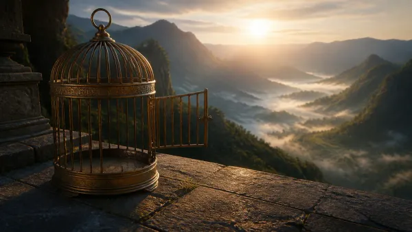 Open antique brass birdcage with its door swung wide on a stone balcony overlooking an expansive dawn valley filled with golden light