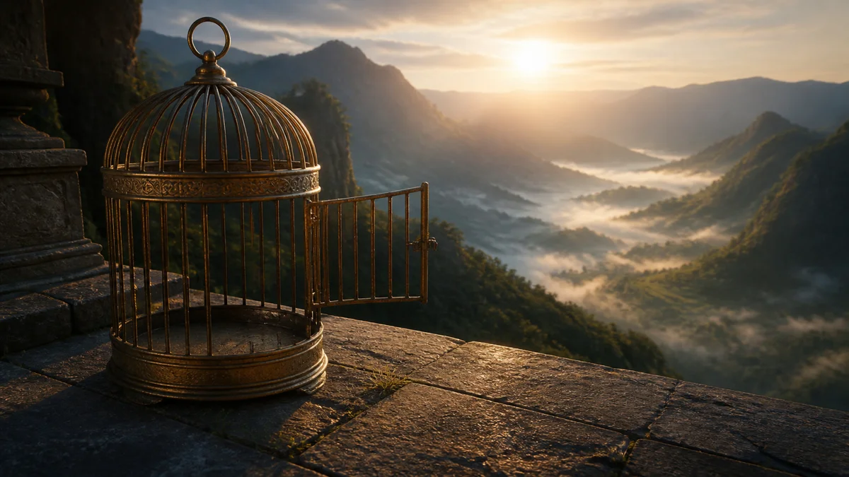Open antique brass birdcage with its door swung wide on a stone balcony overlooking an expansive dawn valley filled with golden light