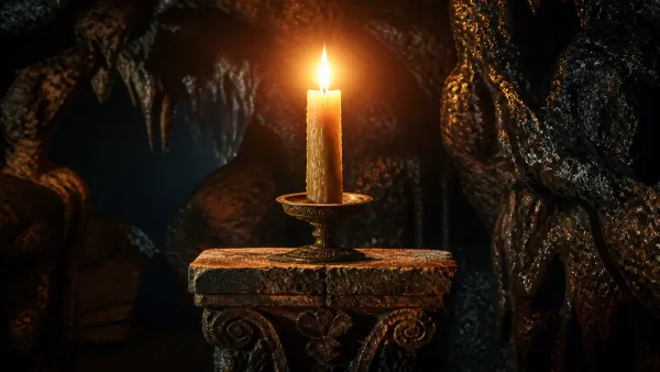 Single glowing candle in a heavy brass holder resting on a rough stone pedestal inside a deep cavern casting warm golden radiance