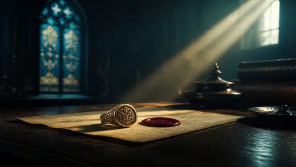 Ancient royal signet ring and wax seal on deep velvet and aged parchment atop an oak table in a sunlit stone hall